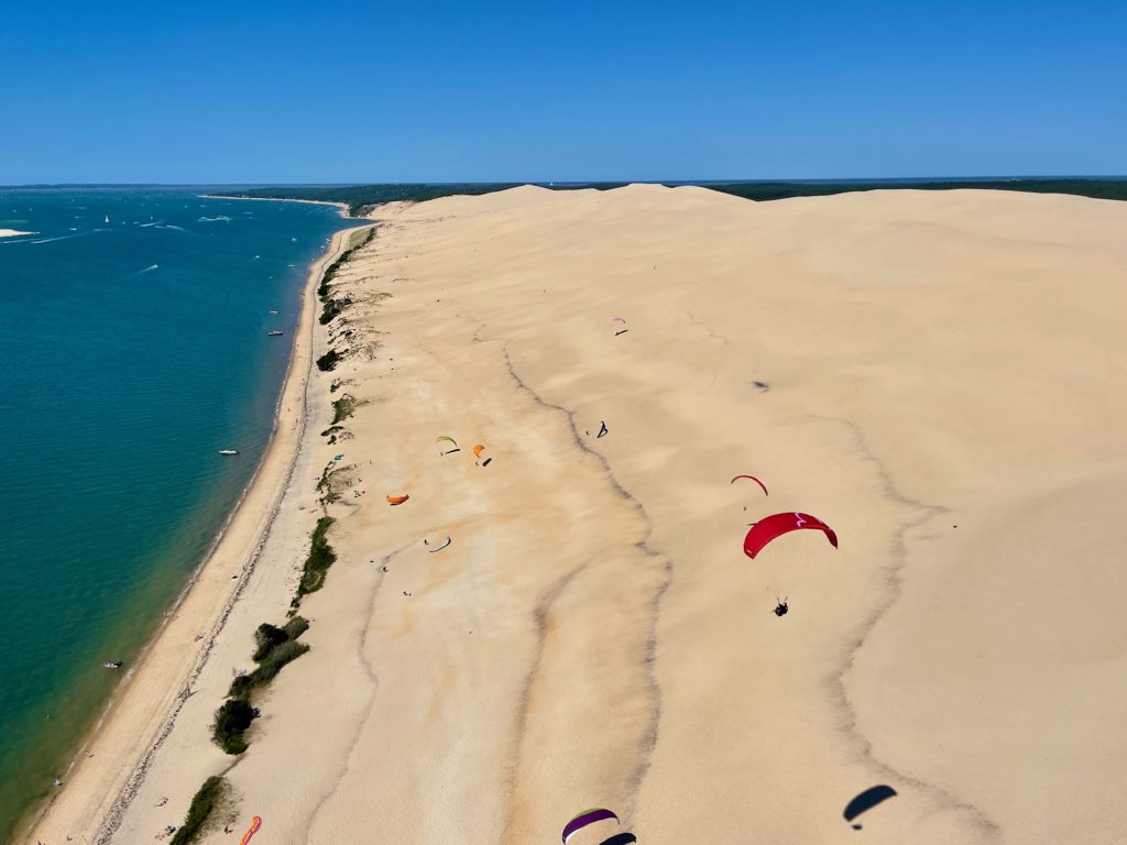 Des parapentes de la Waggas School en train de voler au-dessus de la dune du Pilat, lors d'une session de stage.